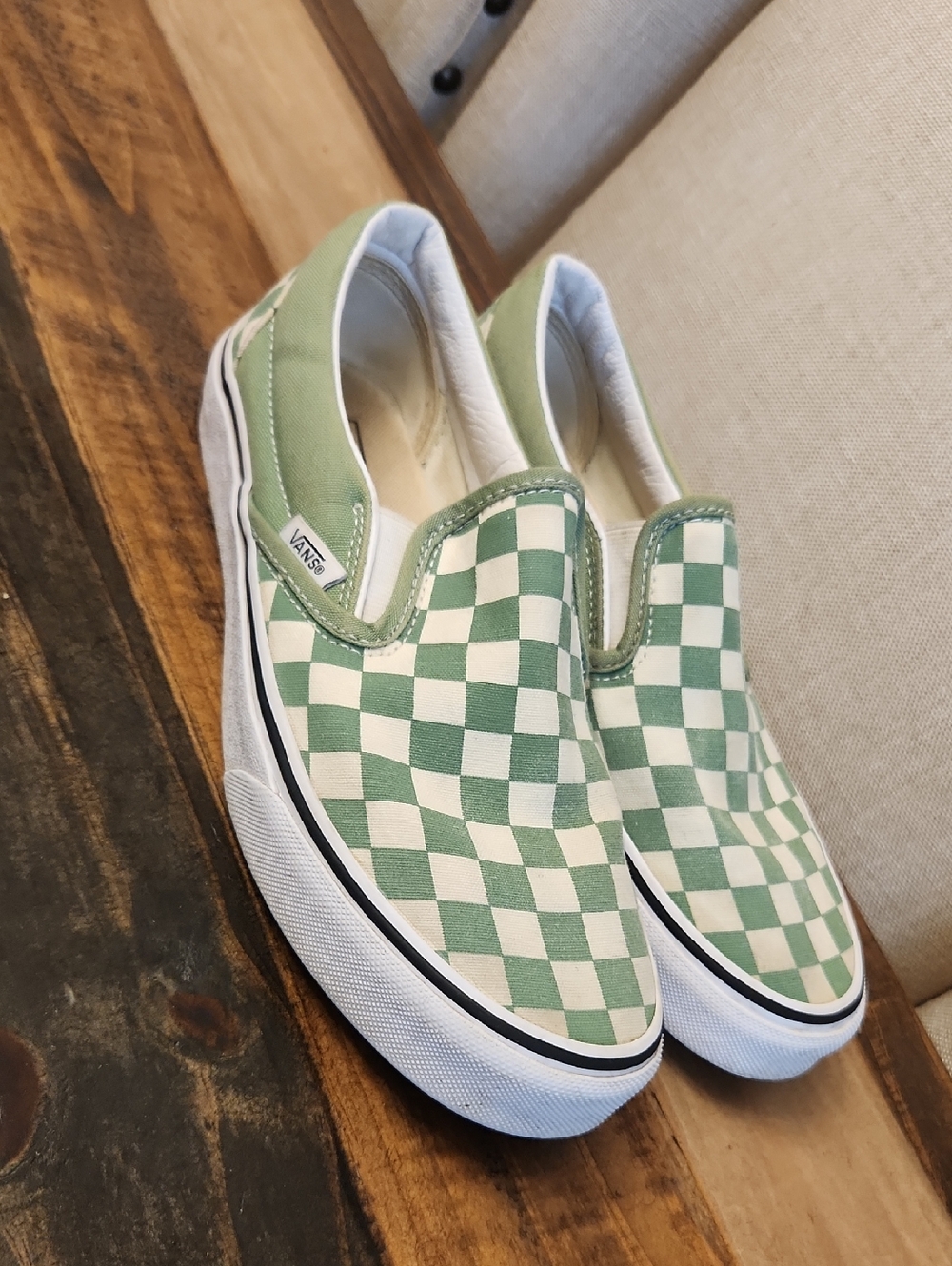 Vans Slip-On Sneakers in Sage and White Checkerboard